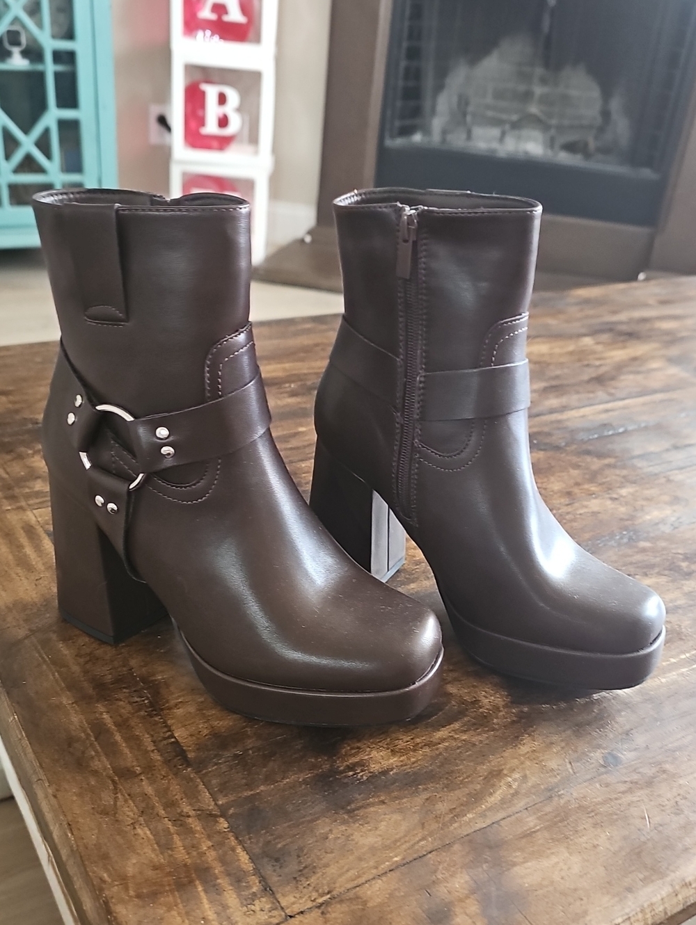 Women's Dark Brown Platform Ankle Boots with Ring-Accent Strap